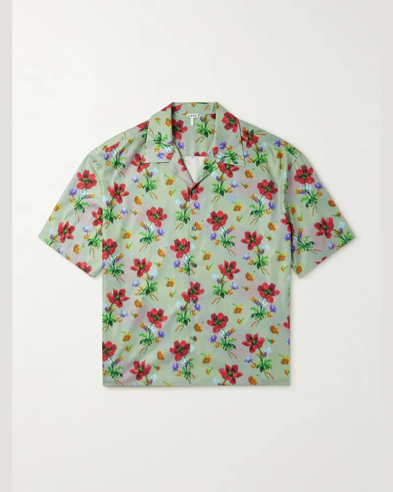Loewe Hemd aus Twill aus einer Baumwoll-Seidenmischung mit Blumenprint, Logostickerei und Reverskragen Grün