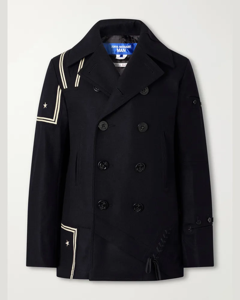 Junya Watanabe Double-Breasted Appliquéd Wool-Blend Felt Coat Blue