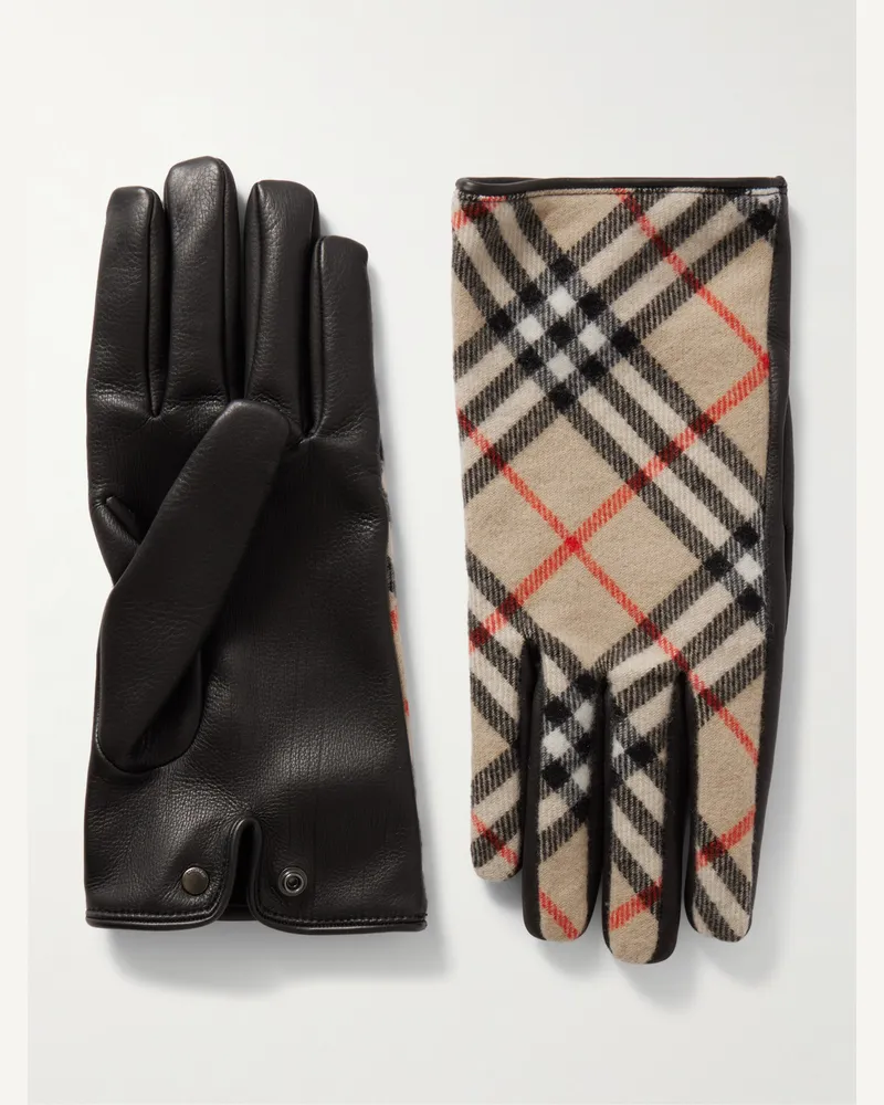Burberry Checked Wool and Cashmere-Blend and Leather Gloves Neutrals