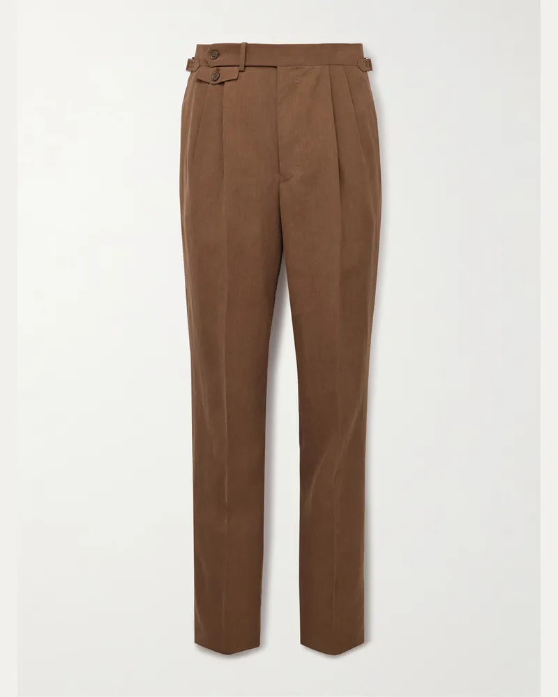 Dunhill Straight-Leg Pleated Linen Suit Trousers Brown