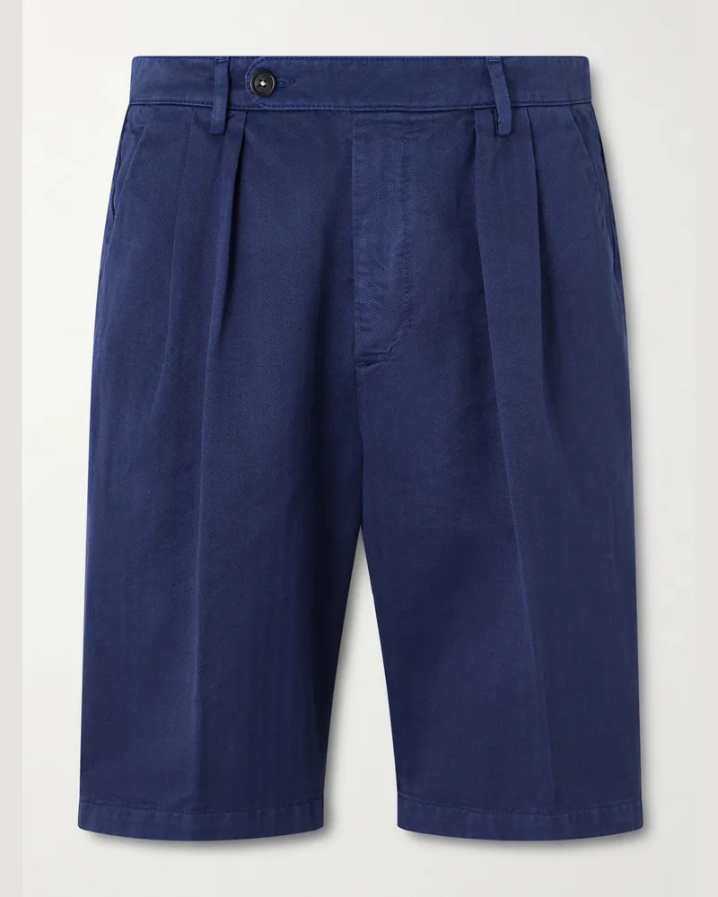 Massimo Alba Cliff Straight-Leg Pleated Herringbone Cotton Bermuda Shorts Blue