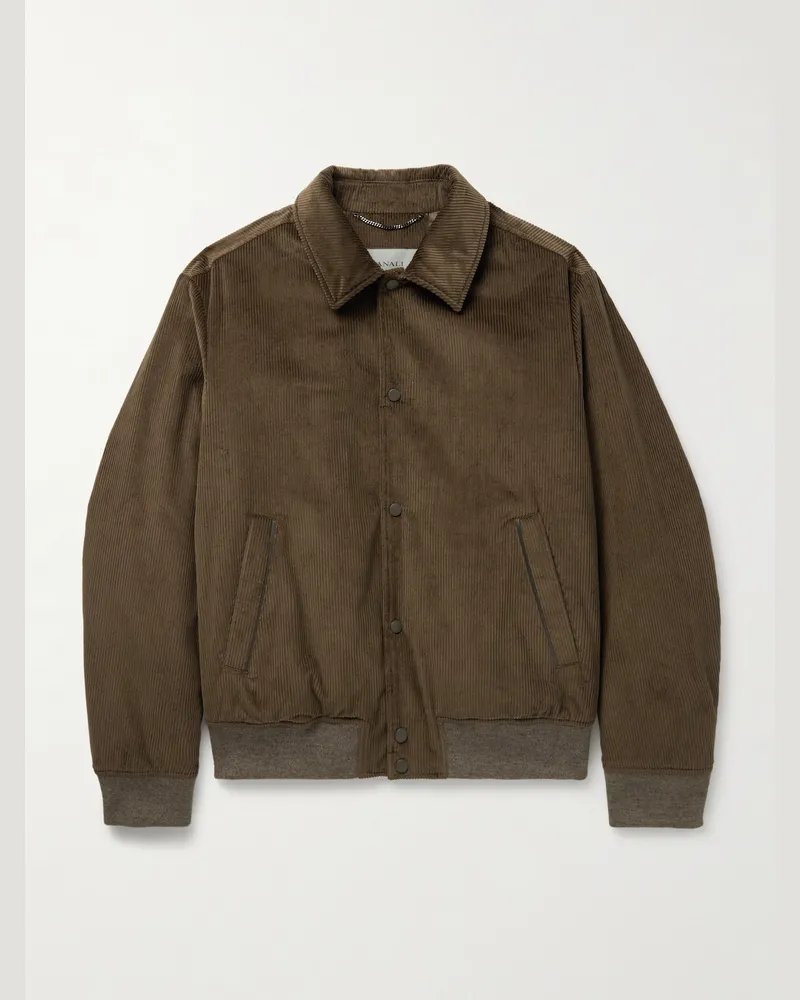 Canali Leather-Trimmed Cotton-Corduroy Blouson Jacket Green