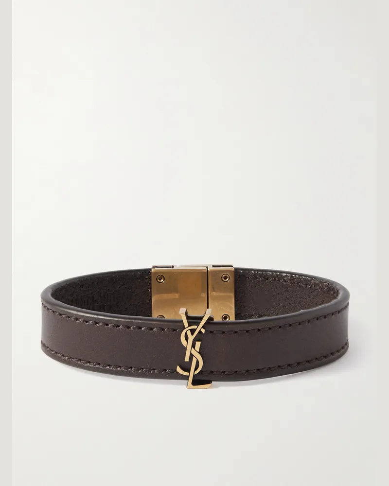 Saint Laurent Cassandre Armband aus Leder mit goldfarbenen Details und Logoverzierung Braun