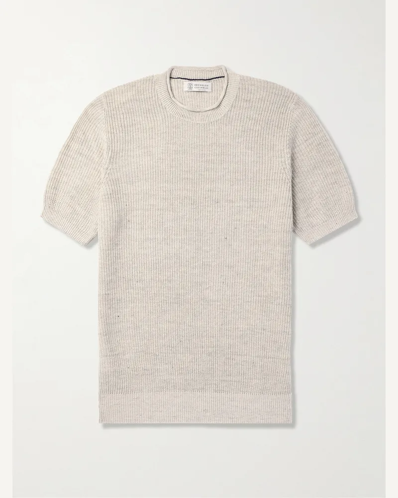 Brunello Cucinelli T-Shirt aus einer Leinen-Baumwollmischung in Rippstrick Neutral