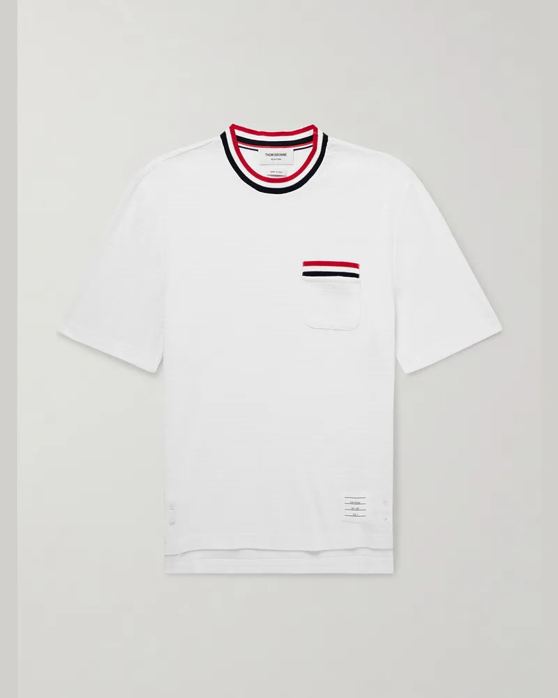Thom Browne Logo-Appliquéd Striped Pointelle-Knit Cotton T-Shirt White