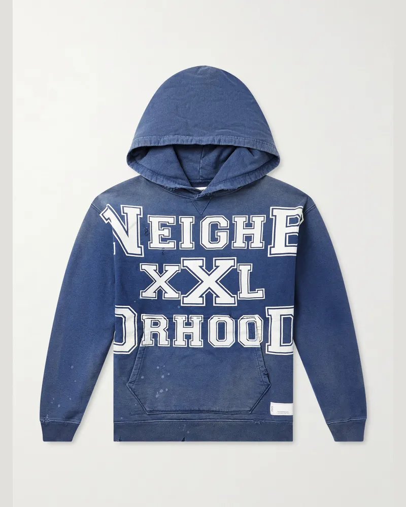 Neighborhood Savage Logo-Print Distressed Cotton-Jersey Hoodie Blue