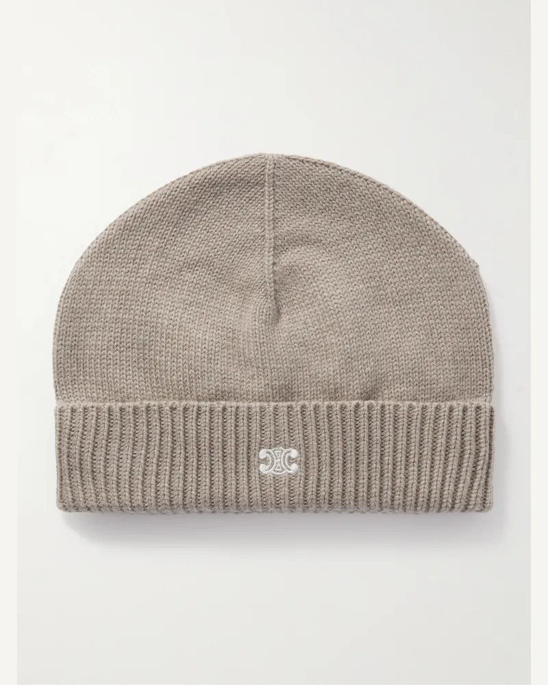 Celine Logo-Embroidered Wool and Cashmere-Blend Beanie Neutrals
