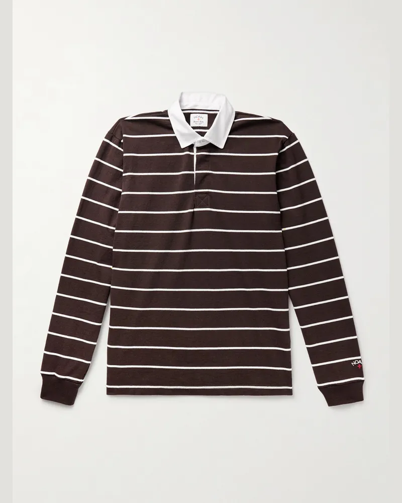 Noah NYC Bron gestreiftes Polohemd aus Baumwoll-Jersey Braun