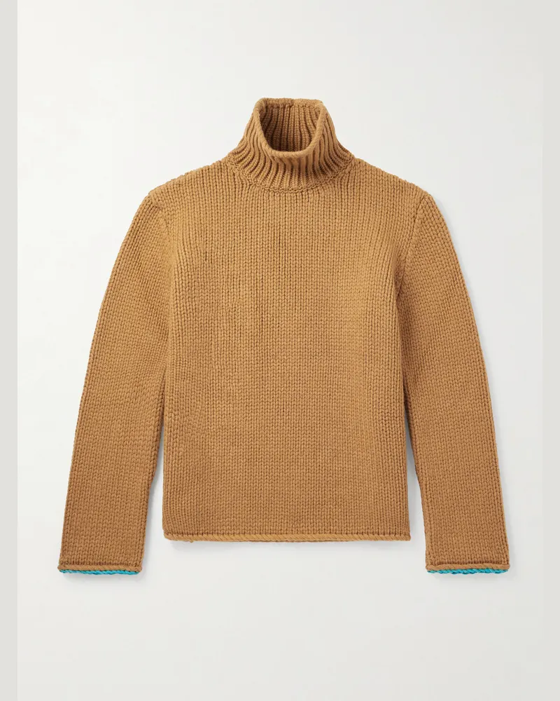Loewe Rollkragenpullover aus Wolle mit Velourslederbesatz Braun