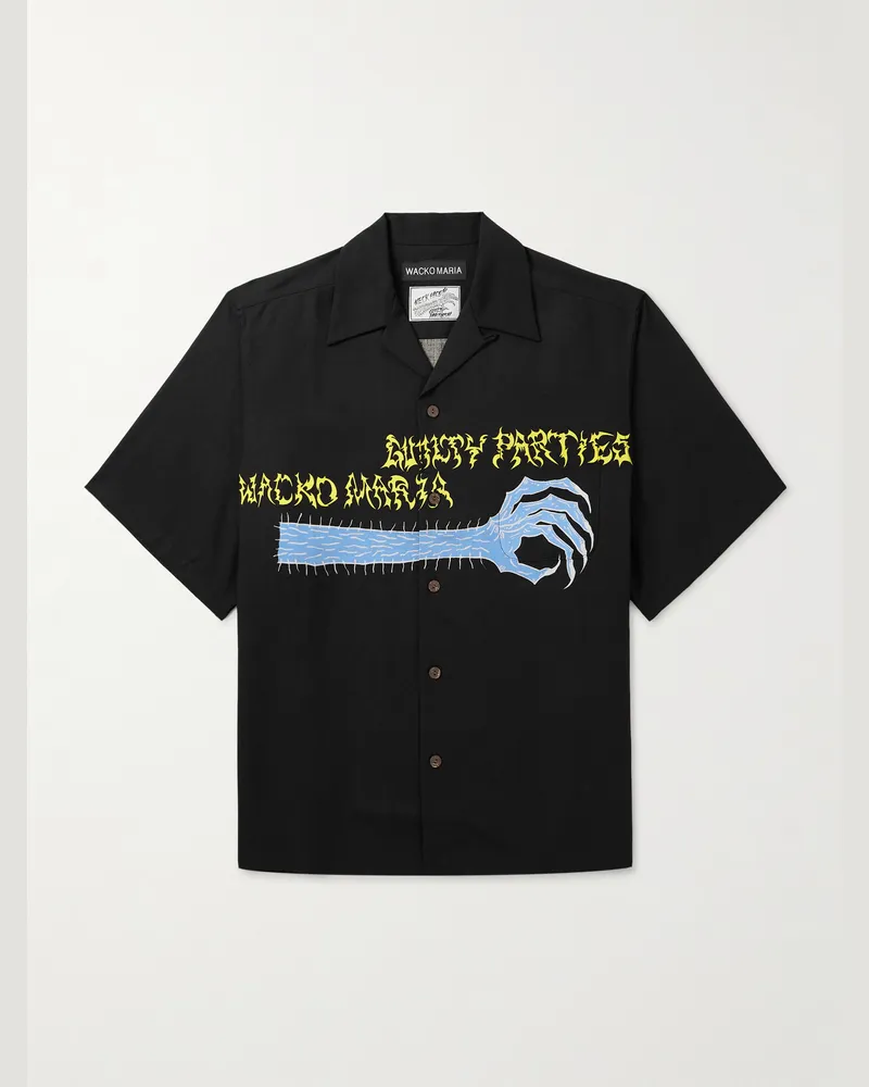 Wacko Maria Neck Face Convertible-Collar Printed TENCEL™ Lyocell Shirt Black