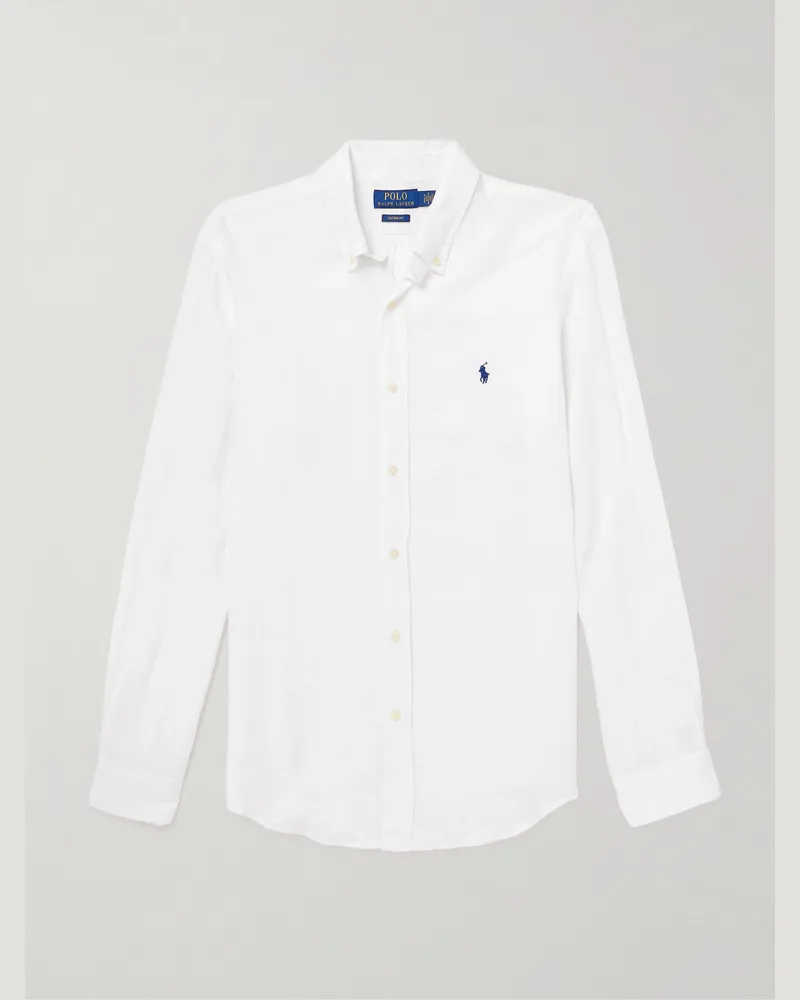 Ralph Lauren Hemd aus Leinen mit Logostickerei und Button-Down-Kragen Weiß