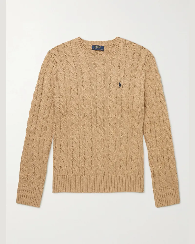 Ralph Lauren Logo-Embroidered Cable-Knit Cotton Sweater Neutrals