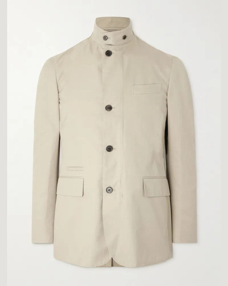 Dunhill Schmal geschnittene Jacke aus einer Baumwoll-Maulbeerseidenmischung mit Fischgratmuster Neutral