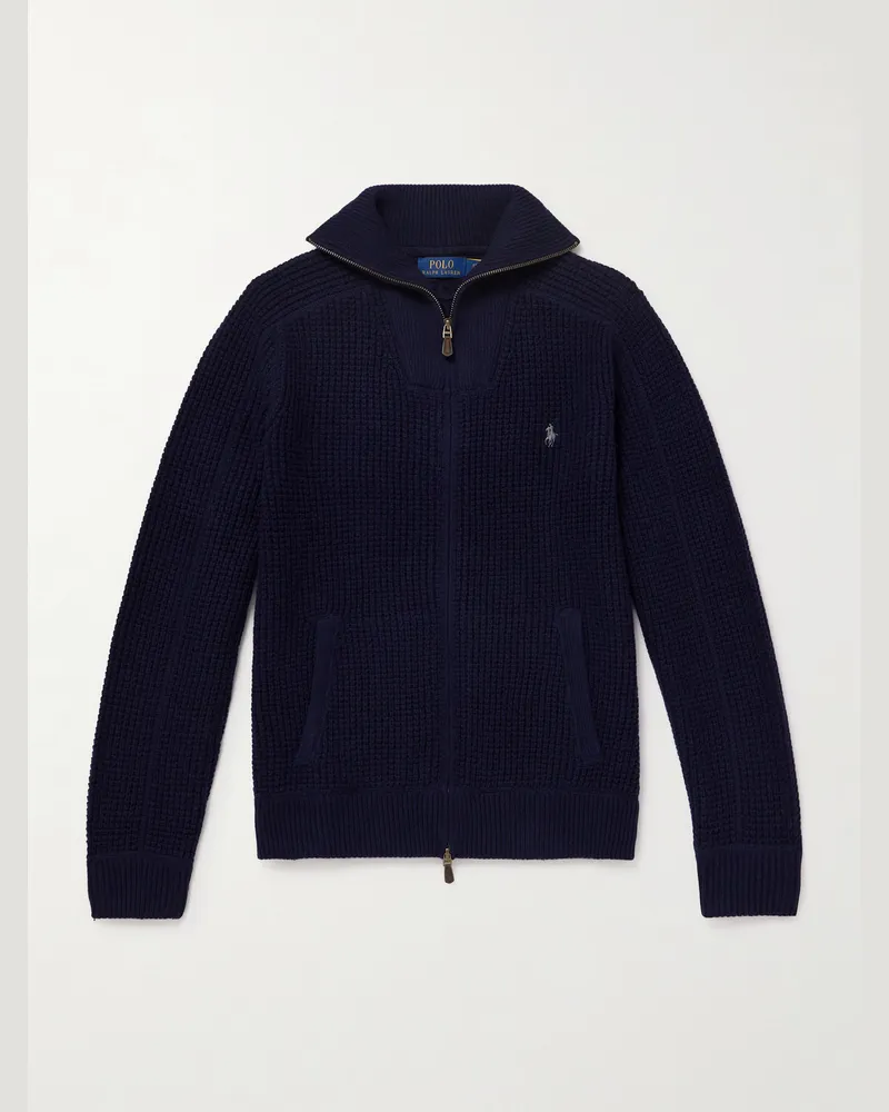 Ralph Lauren Cardigan aus einer Woll-Baumwollmischung in Rippstrick mit Logostickerei Blau