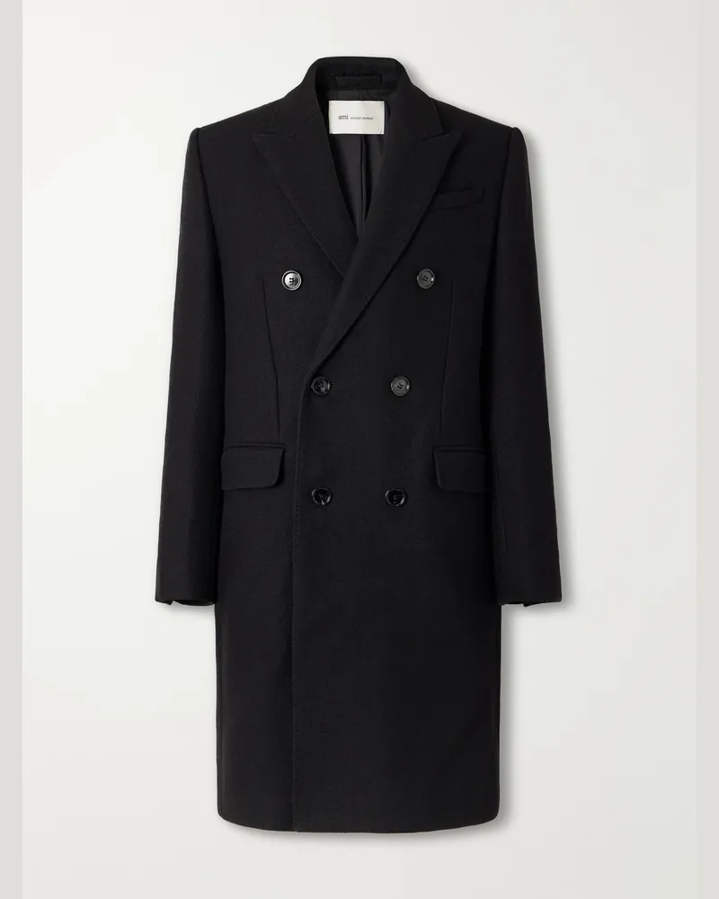 AMI Paris Double-Breasted Virgin Wool-Gabardine Coat Black
