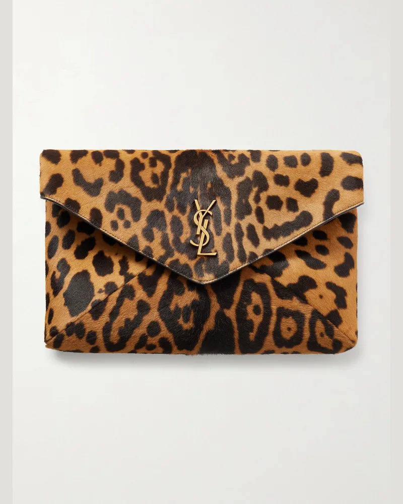 Saint Laurent Etui aus Kalbshaar mit Leopardenprint und Logoapplikation Braun