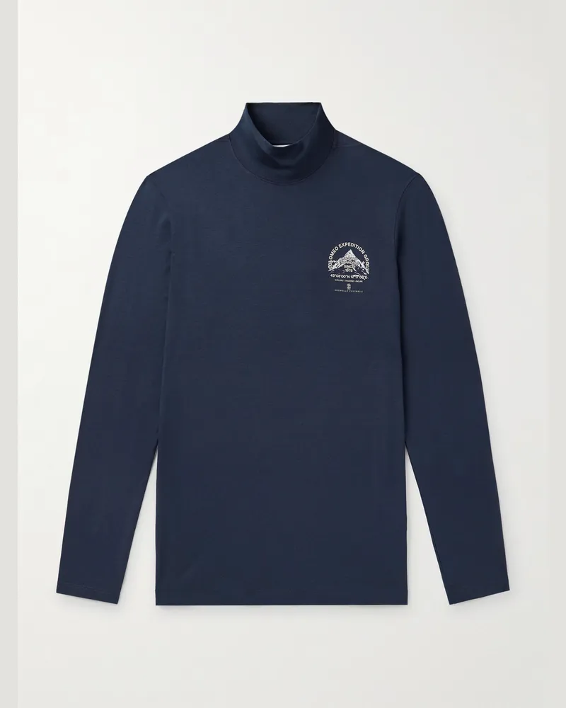 Brunello Cucinelli Schmal geschnittener Rollkragenpullover aus einer Seidenmischung mit Logoprint Blau