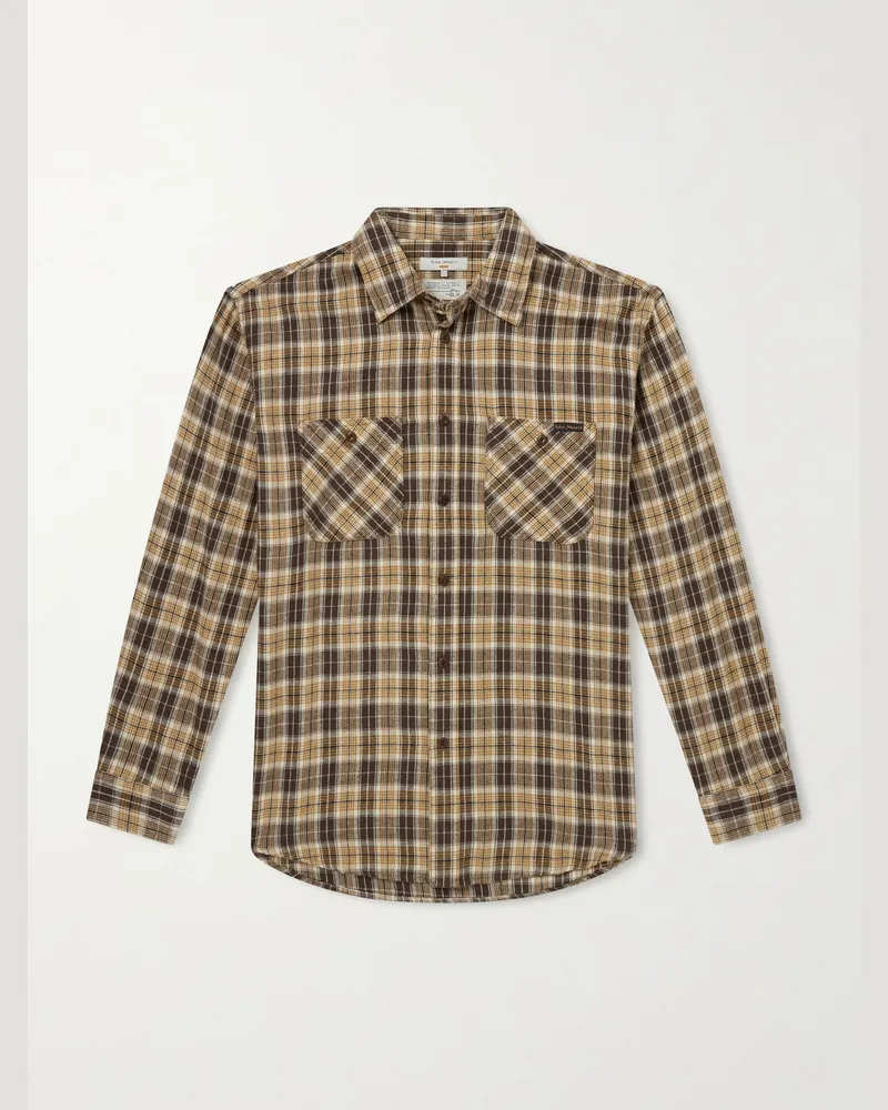 Nudie Jeans Julian kariertes Hemd aus einer Baumwoll-Leinenmischung Braun