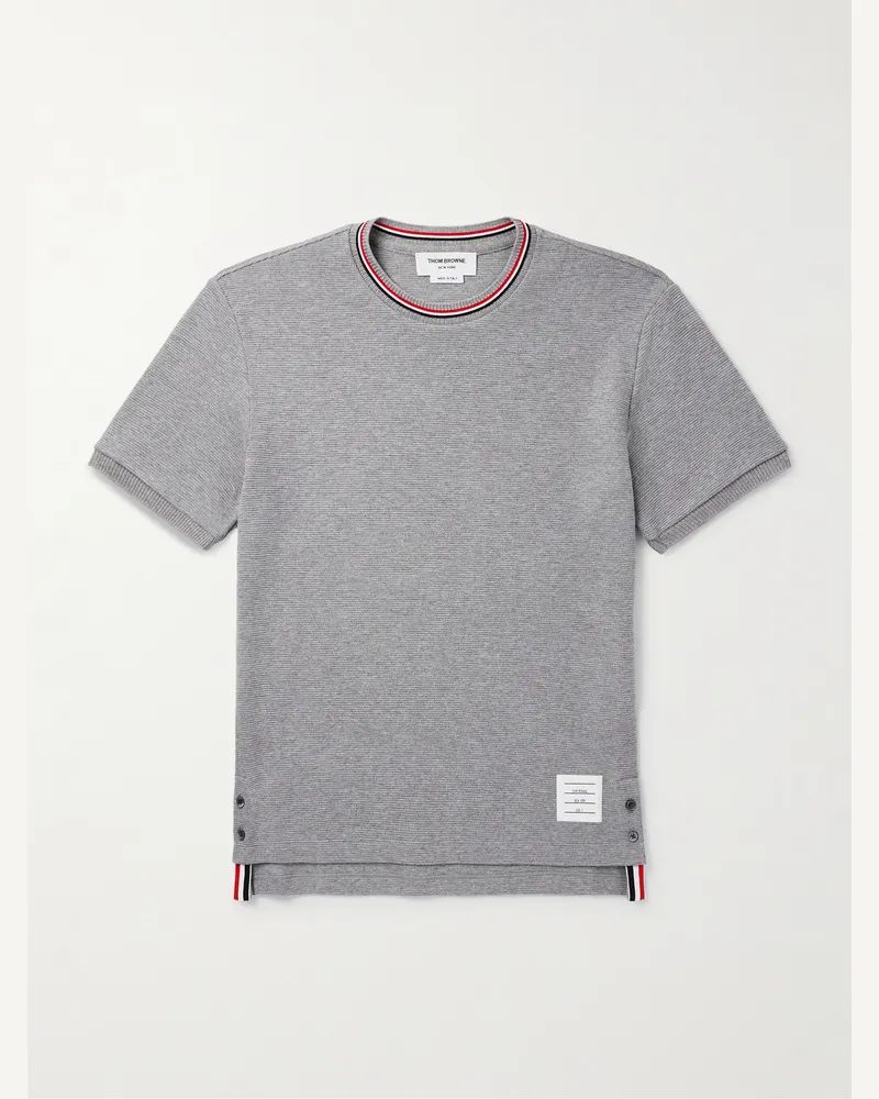 Thom Browne Schmal geschnittenes T-Shirt aus Baumwolle in Waffelstrick mit Streifen und Logoapplikation Grau