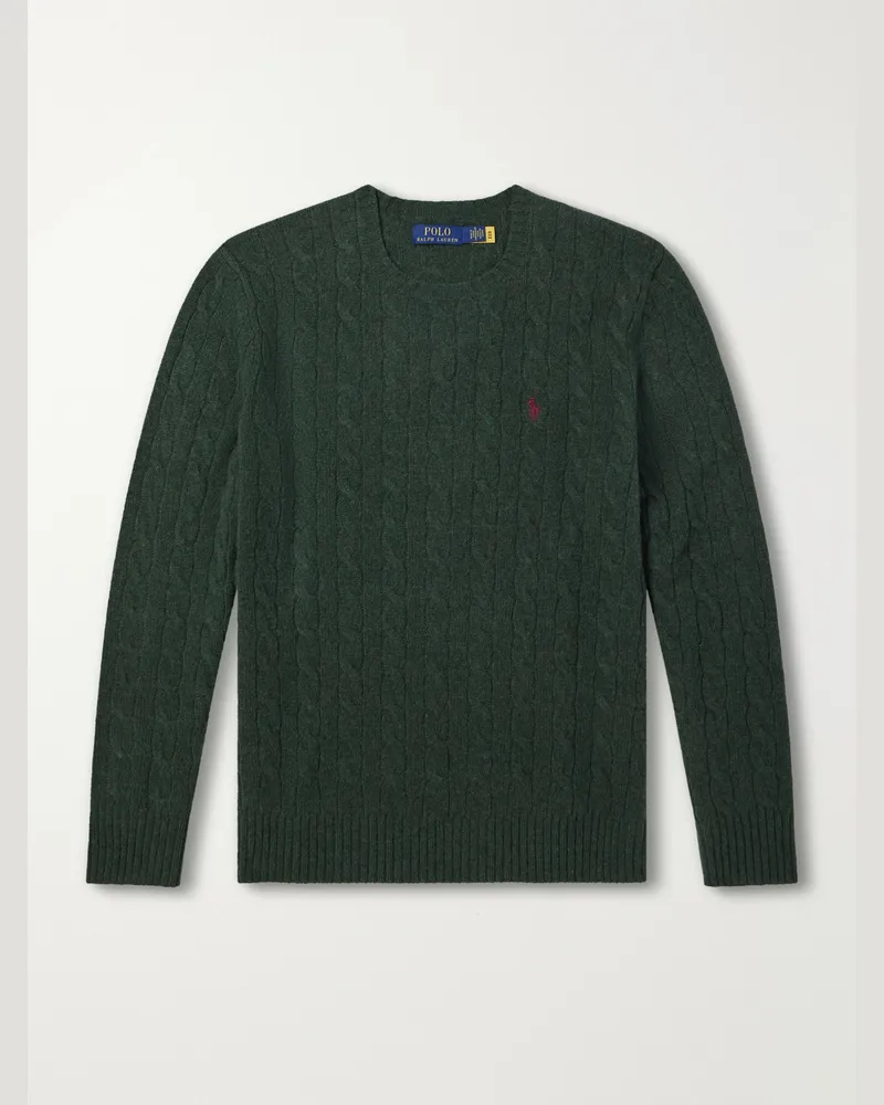 Ralph Lauren Logo-Embroidered Cable-Knit Wool and Cashmere-Blend Sweater Green