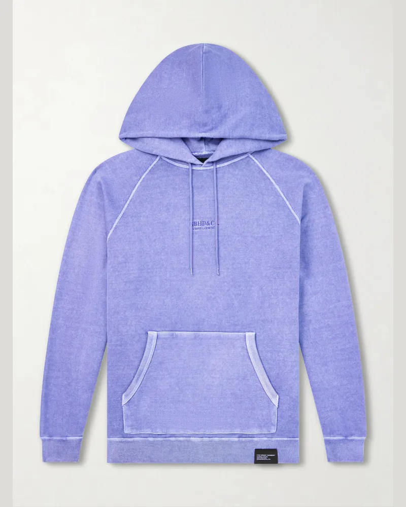 Neighborhood Logo-Embroidered Pigment-Dyed Cotton-Jersey Hoodie Blue