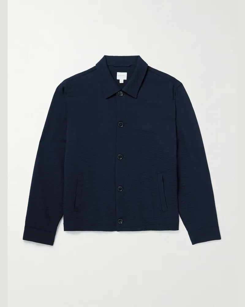 Sunspel Hemdjacke aus Seersucker aus einer Wollmischung Blau