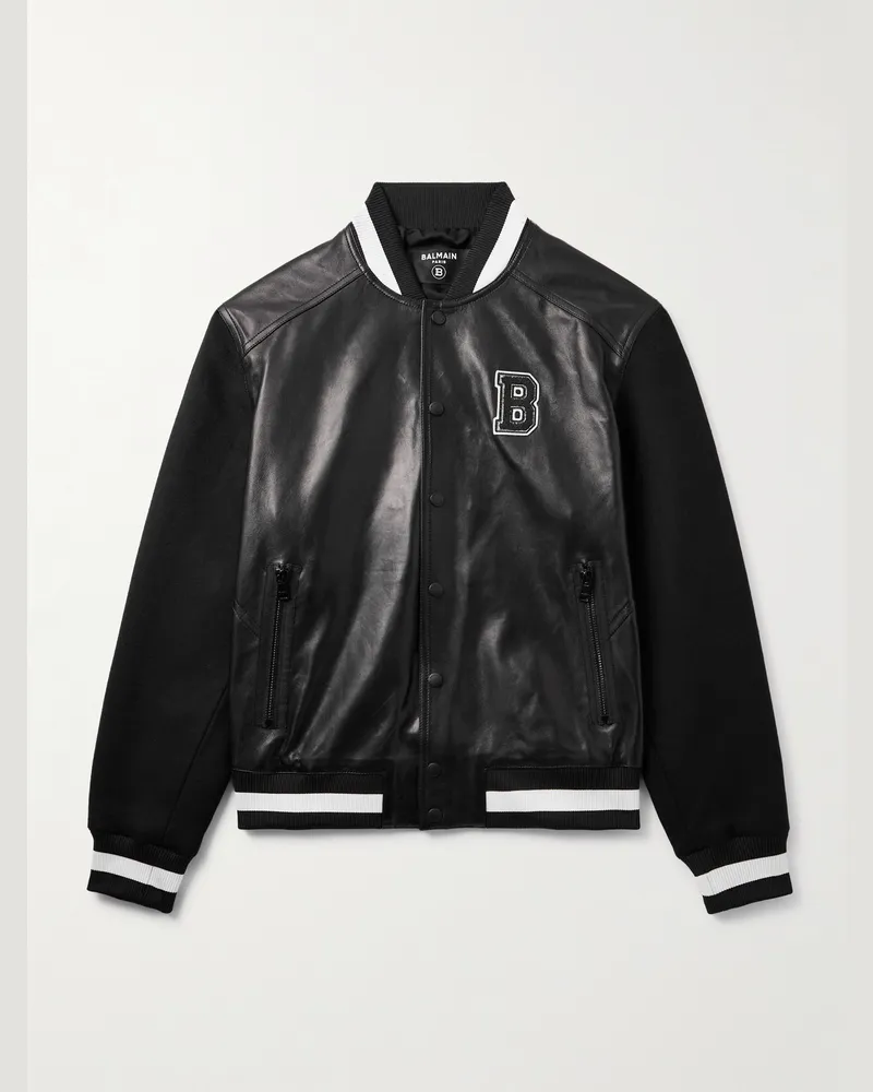 Balmain Logo-Appliquéd Leather and Wool Varsity Jacket Black