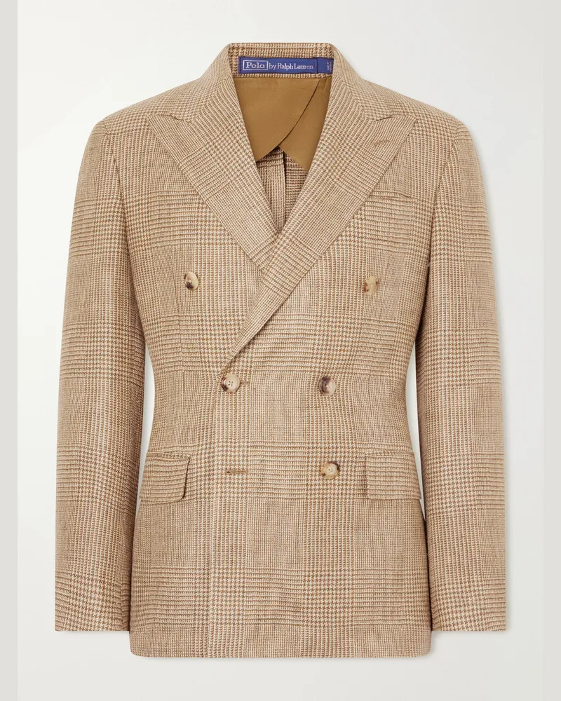 Ralph Lauren Double-Breasted Houndstooth Silk, Linen and Wool-Blend Blazer Neutrals