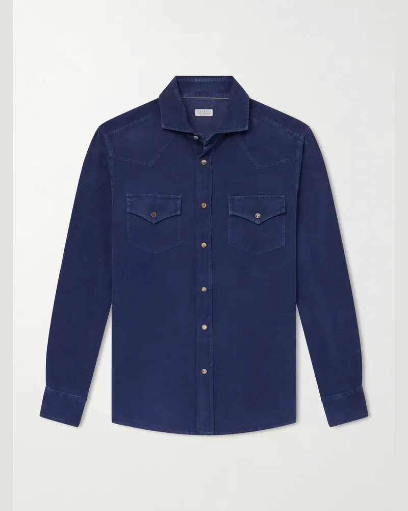 Brunello Cucinelli Cutaway-Collar Cotton-Corduroy Western Shirt Blue