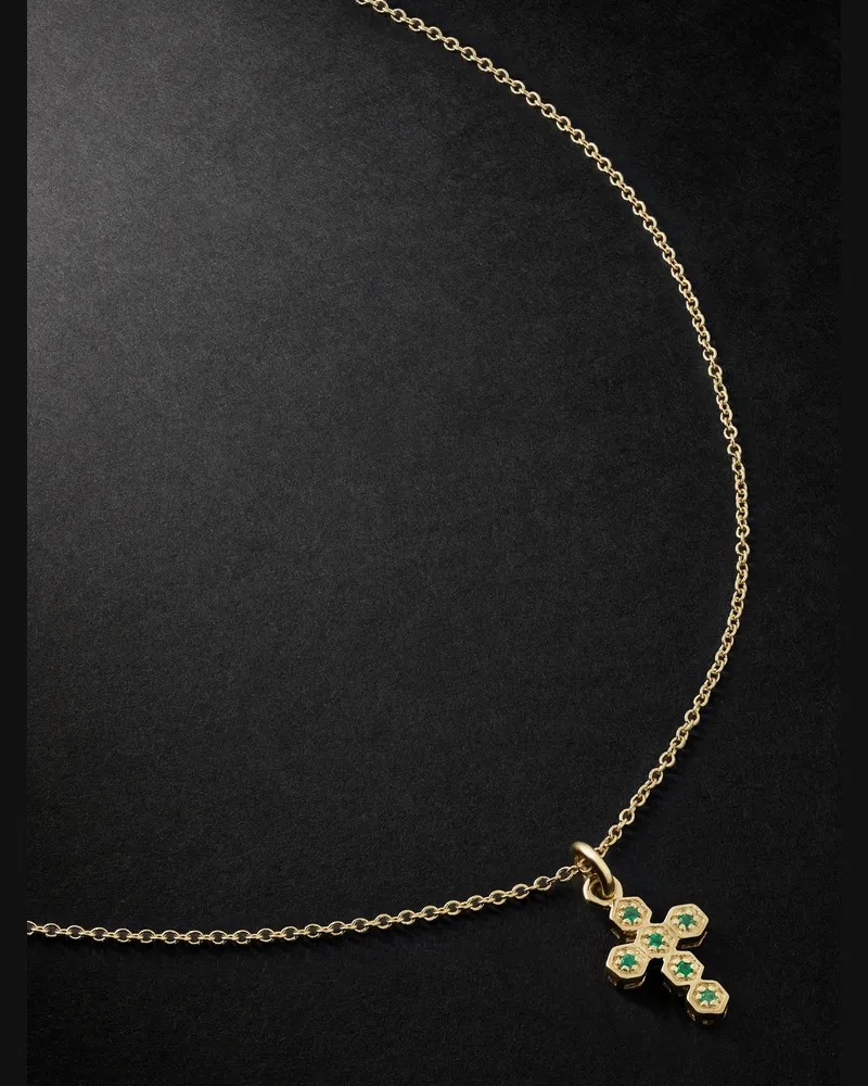 Kolours Hexagon Cross Mini Kette aus 18 Karat Gold mit Smaragden Gold