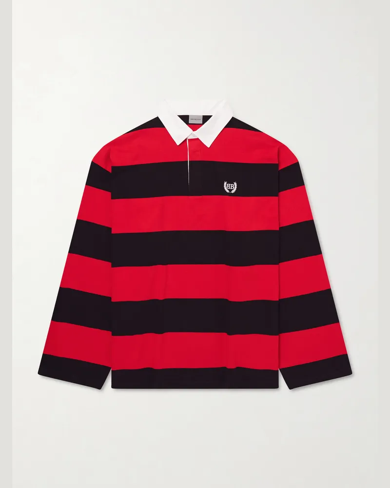 Balenciaga Logo-Embroidered Striped Cotton-Jersey Polo Shirt Red