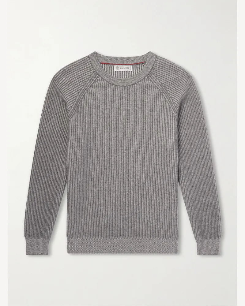 Brunello Cucinelli Striped Ribbed Cashmere Sweater Gray