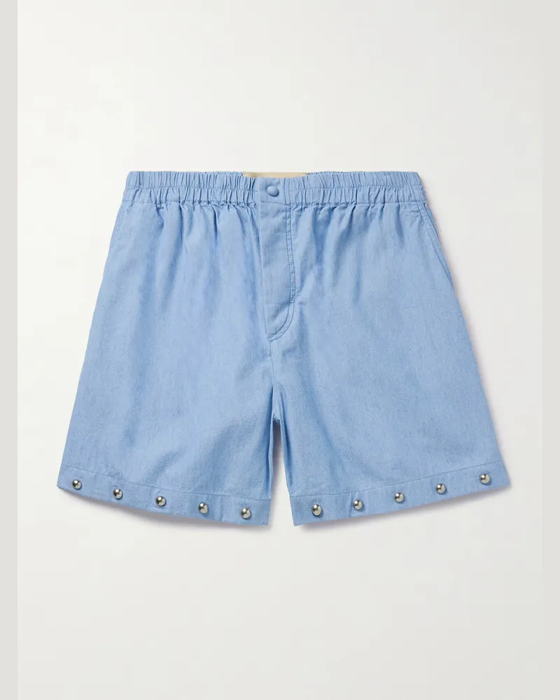Valentino Garavani Straight-Leg Studded Cotton-Chambray Shorts Blue