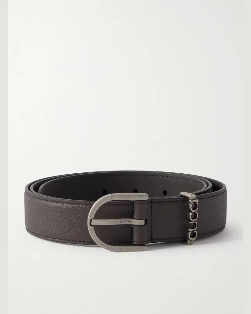 Gucci 4cm Logo-Embellished Cross-Grain Leather Belt Brown