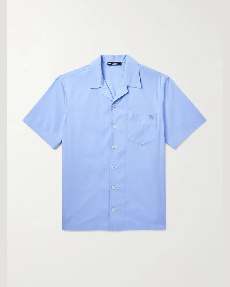 Dolce & Gabbana Hemd aus Baumwollpopeline mit Logostickerei und Reverskragen Blau