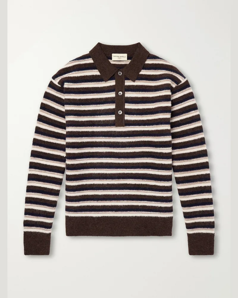 Officine Generale Patchi Striped Wool-Blend Polo Shirt Brown