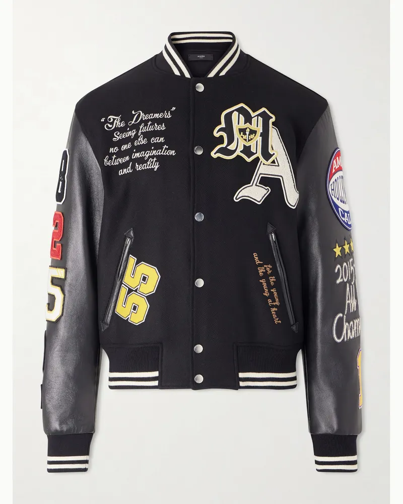 Amiri Appliquéd Embroidered Leather and Wool-Blend Varsity Jacket Black