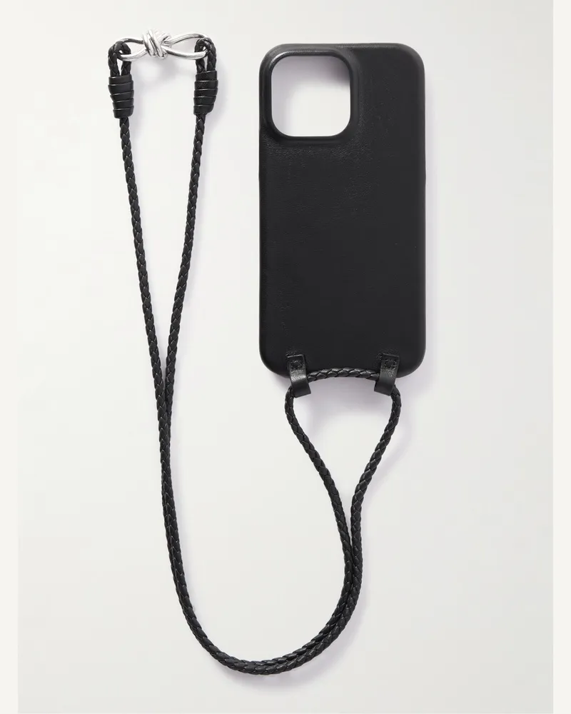 Bottega Veneta Leather iPhone 14 Pro Max Case with Lanyard Black