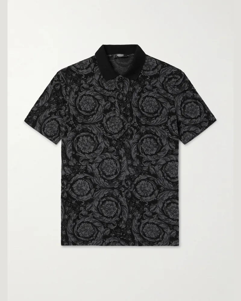 Versace Polohemd aus Baumwoll-Piqué mit eingewebtem Blumenmuster Schwarz