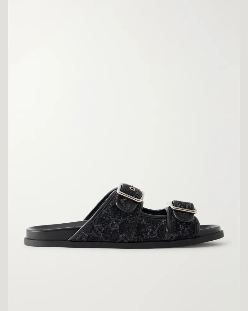 Gucci Logo-Jacquard Leather-Trimmed Canvas Sandals Black
