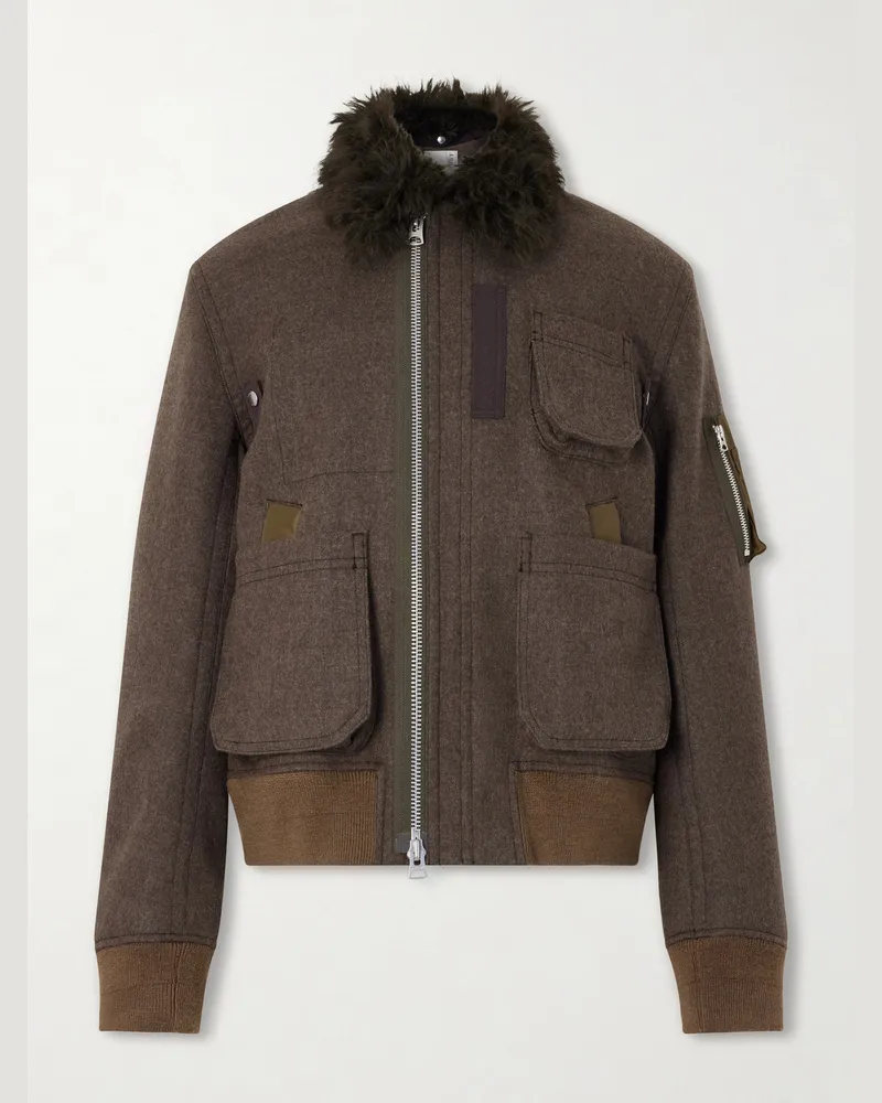 Sacai Melton Plush-Trimmed Wool Blouson Jacket Brown