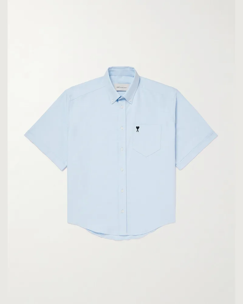AMI Paris Hemd aus Baumwolle mit Button-Down-Kragen und Logostickerei Blau