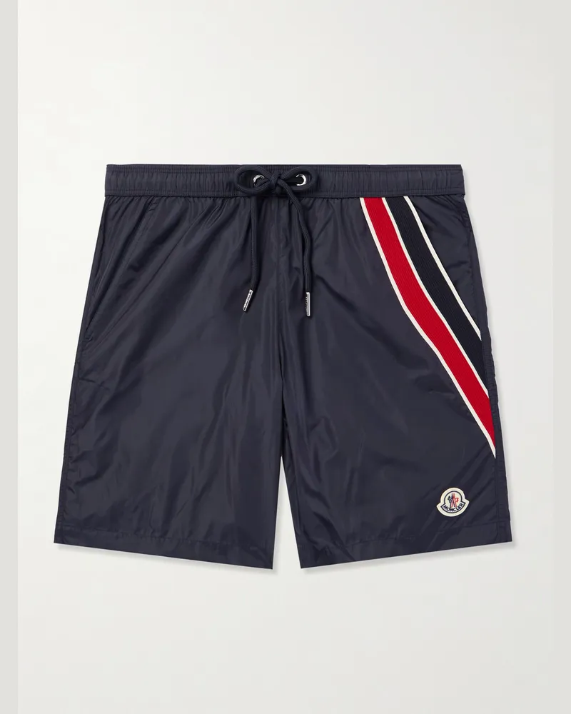 Moncler Gerade geschnittene mittellange Badeshorts mit Streifen und Logoapplikation Blau