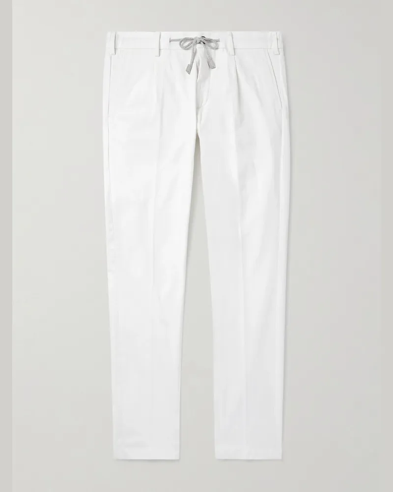 Eleventy Straight-Leg Pleated Cotton-Blend Twill Trousers White
