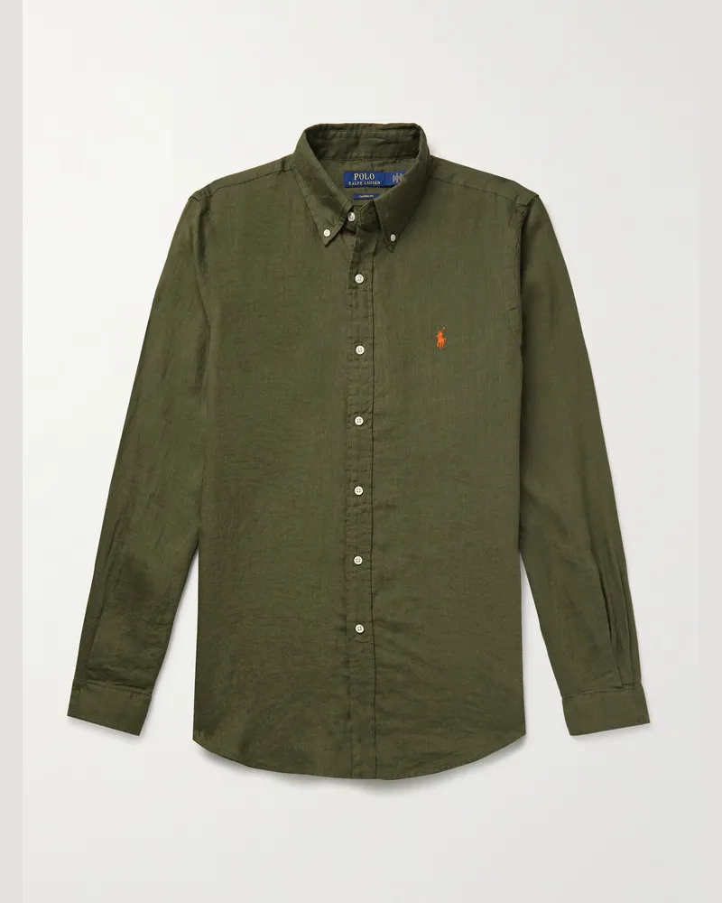 Ralph Lauren Hemd aus Leinen mit Logostickerei und Button-Down-Kragen Grün