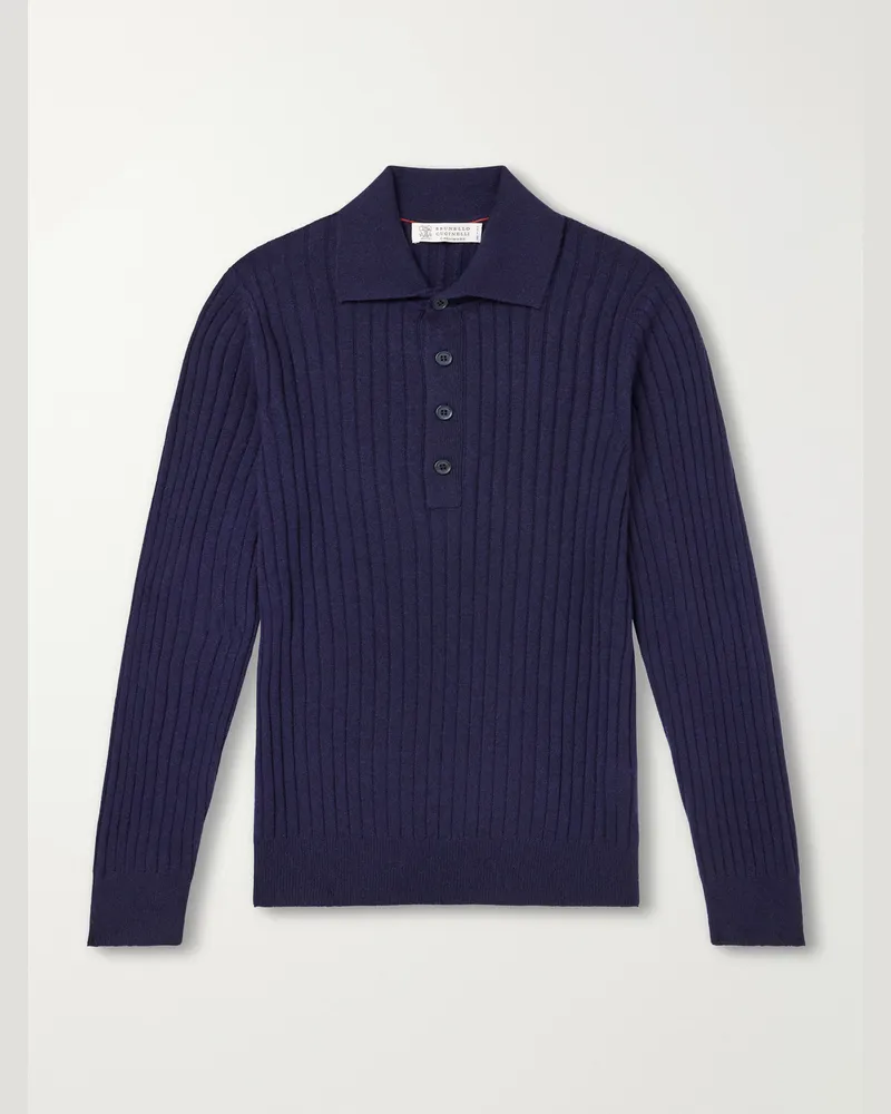 Brunello Cucinelli Ribbed Cashmere Polo Shirt Blue