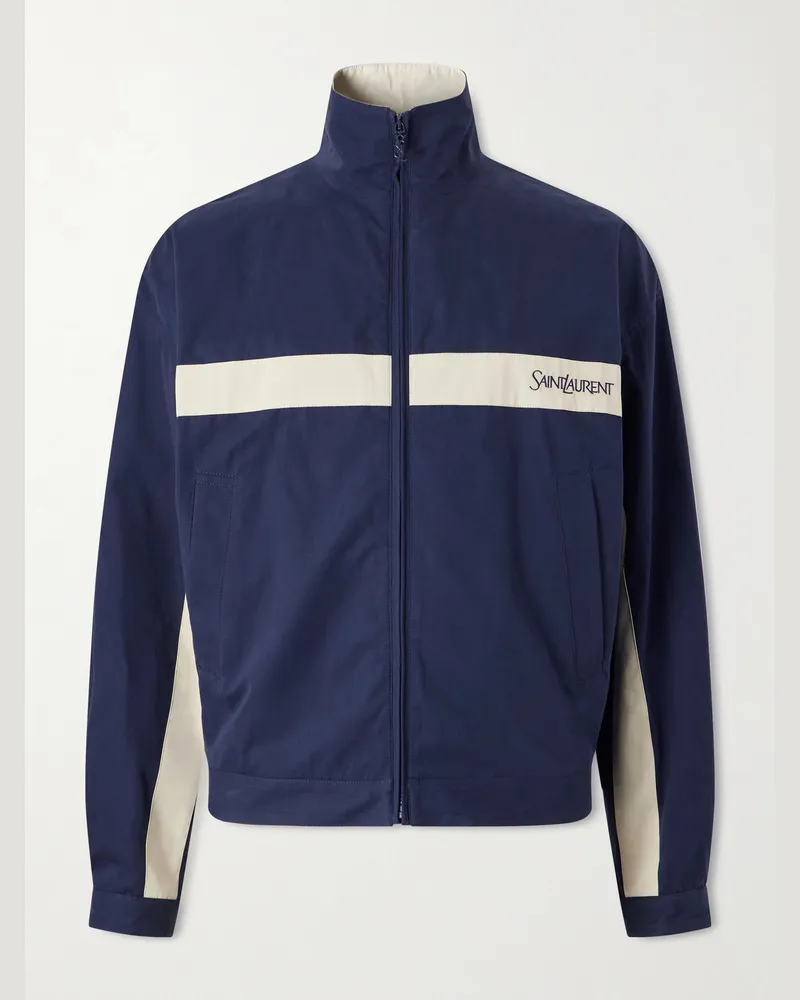 Saint Laurent Panelled Logo-Embroidered Cassandre-Embellished Cotton Jacket Blue