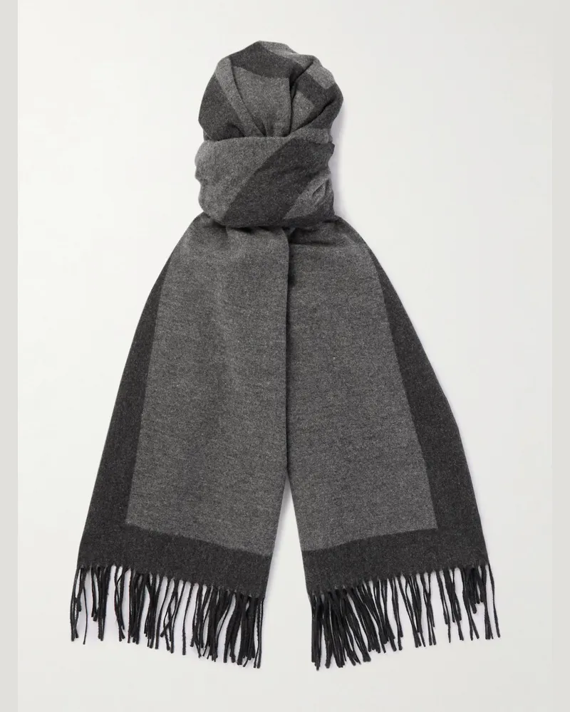 Saint Laurent Fringed Logo-Embroidered Brushed-Silk Scarf Gray