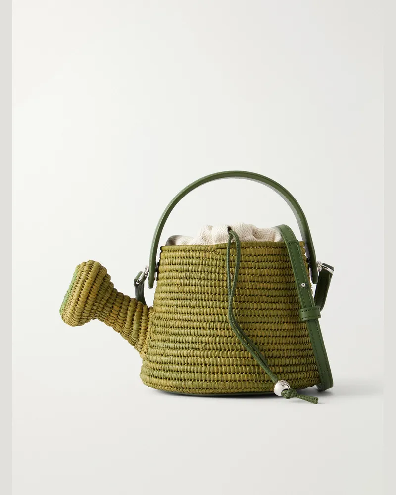 Loewe Paula's Ibiza Watering Can Leather-Trimmed Raffia Messenger Bag Green