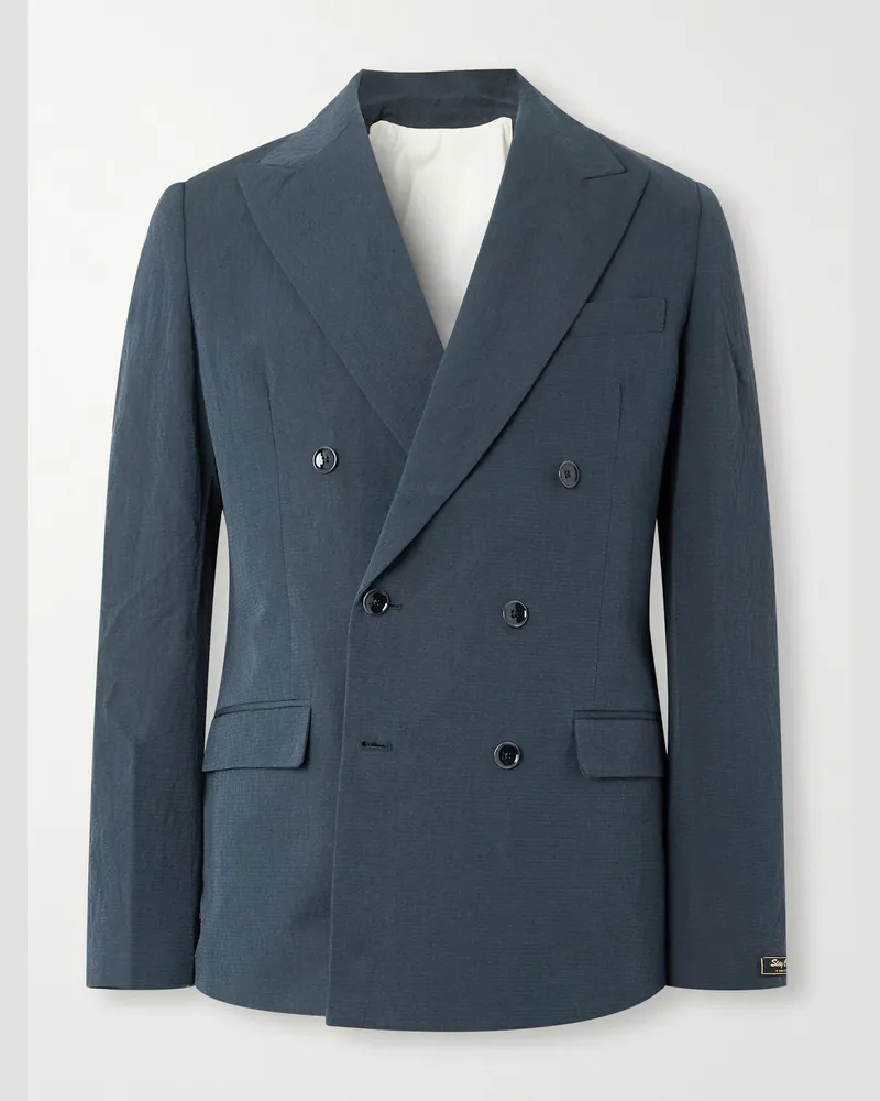 A Kind Of Guise Doppelreihiges Sakko aus Seersucker aus einer Baumwoll-Leinenmischung Blau